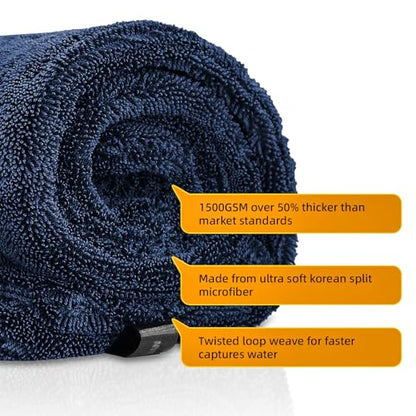 2-Pack 1500GSM Microfiber Drying Towel for Car 24"x36" & 11.8"x11.8"（Blue） | Ultra Absorbent Streak-Free Lint Free Twisted-Loop Cleaning Cloth for Cars Motorcycles Windows Kitchen