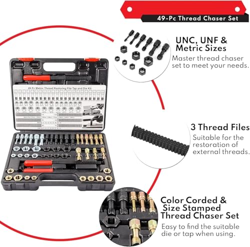 49PC Thread Chaser Set Metric & UNC UNF Thread Repair Kit, SAE Rethreading Tool Bolt Restorer File Nut Rethreader - size: 49PC Thread Chaser Set Metric UNC UNF