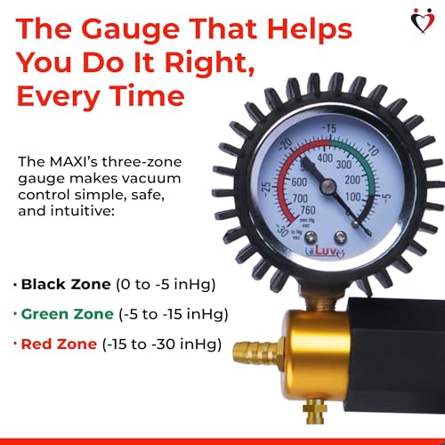 LeLuv Maxi Vacuum Pump - Manual Hand Vacuum (0-30 Hg, 0-760 mmHg) with Ergonomic Nylon Handle, Release Valve, & Rubber Protected Pressure Gauge (1/8" NPT), Compatible with LeLuv Pump Series - Black - color: Black