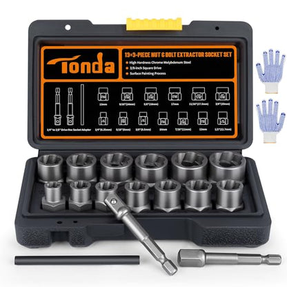 TONDA Bolt Extractor Kit, 16-Piece Stripped Bolt Remover Socket Set with 3/8" Drive Impact Adapter & Knock-Out Pin and Gloves, Heavy Duty Bolt Extractor for Rounded, Rusted, Broken Nuts & Screws