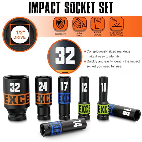 16 Piece 1/2-Inch Drive Impact Socket Set, 10-32mm Deep Sockets, 6 Point Metric Sockets for Automotive Repair, Equipment Maintenance - size: 1/2 Inch Metric Large