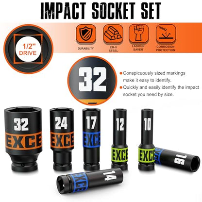 16 Piece 1/2-Inch Drive Impact Socket Set, 10-32mm Deep Sockets, 6 Point Metric Sockets for Automotive Repair, Equipment Maintenance - size: 1/2 Inch Metric Large