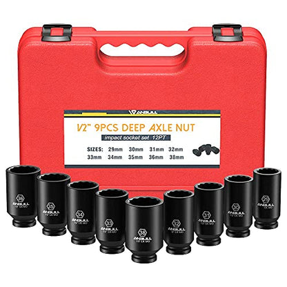 Anbull 1/2" 9 PCS Deep Axle nut Impact Socket Set, CR-Mo Steel, 12-Point Design, Metric Sizes(29, 30, 31, 32, 33, 34, 35, 36, 38mm)