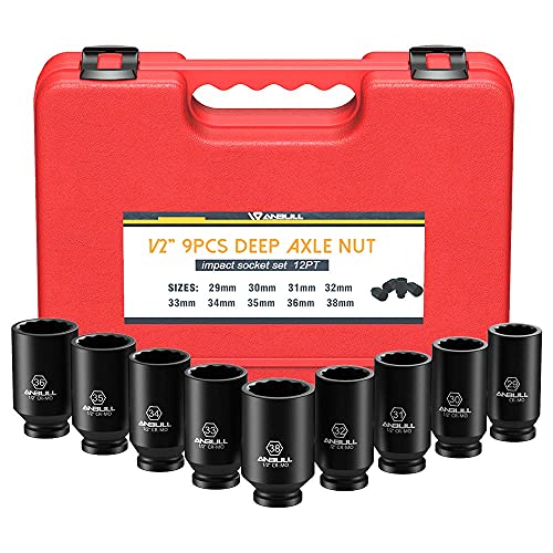 Anbull 1/2" 9 PCS Deep Axle nut Impact Socket Set, CR-Mo Steel, 12-Point Design, Metric Sizes(29, 30, 31, 32, 33, 34, 35, 36, 38mm)