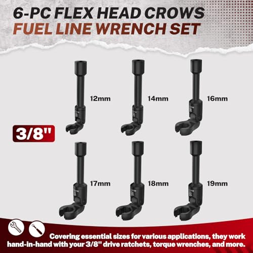 BILITOOLS 6PCS Long Flex Head Crows Foot Line Wrench Set 3/8" Drive | Injector Fuel Line Sockets Wrench Set, Crowfoot Flare Nut Socket Wrench, Metric 12 14 16 17 18 19 mm, Storage Box - style: Long Flex Head Wrench Set