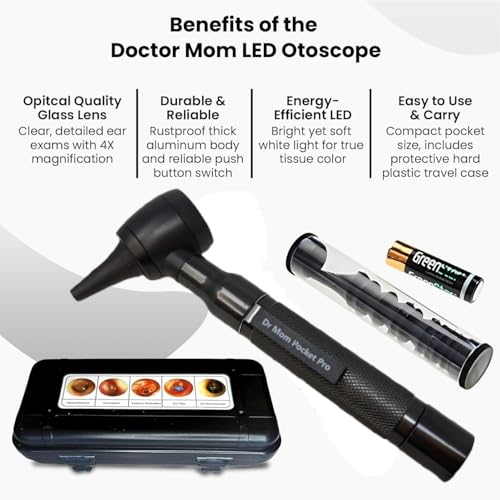 4th Generation Doctor Mom LED Pocket Pro Otoscope with Both Adult and Pediatric Disposable Specula Tips, Battery, and Protective Hard Plastic Case - Black - color: Black