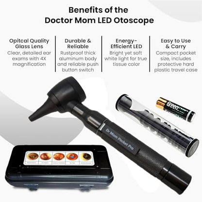 4th Generation Doctor Mom LED Pocket Pro Otoscope with Both Adult and Pediatric Disposable Specula Tips, Battery, and Protective Hard Plastic Case - Black - color: Black