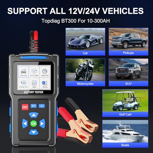 Car Battery Tester, Topdiag BT300 12V Automotive Alternator Tester, 20-2000 CCA Battery Load Tester for Cranking & Charging System, Analyzer for Car/Truck/Motorcycle/Boat