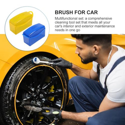 Outanaya 2pcs Tire Shine Applicator Pads with Lid and Wheel Cleaning Brush Set for Car Detailing and Tire Maintenance, Foam Sponge Tools in Blue and Yellow for Automotive Care