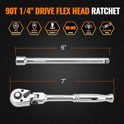 Flex Head 1/4" Drive Ratchet Wrench, 90T Compact Ratchet, Quick-Release Reversible with Cr-Mo Head and 6" Extension Bar for Tight Spaces & Precision Work - size: 1/4"