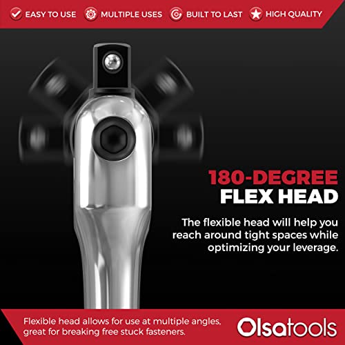 Olsa Tools Breaker Bar - 1/2-Inch Drive - 25" Length with 180° Flex Head - Spring-Loaded Ball - Heavy-Duty Cr-V Steel - Ideal for Automotive, Nuts, and Bolts - Part: 1276