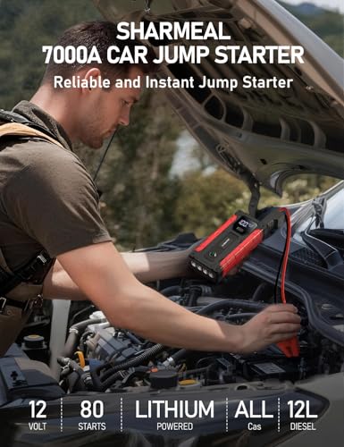 Sharmeal Car Jump Starter 7000A, Jump Starter Battery Pack with PD 30W Quick Charger, 12V Portable Jump Box (for All Gas and 12.0L Diesel) with 4 LED Light - color: 7000A +PD30W Fast Charging(Enhanced Version 2026)
