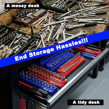 Magnetic Socket Organizer Set, 8PCS Socket Holder Organizer with 6 Socket Trays & 2 Wrench Racks, 1/4", 3/8", 1/2" Metric & SAE Tool Box Organizer for Garage, Toolbox, (Socket, Wrench not Included) - size: 8Pcs Socket Set