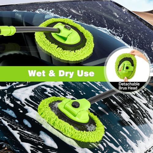 7-in-1 Car Wash Brush Kit with 15° Curved Long Handle for Cars | Car Cleaning Kit with 2 Replaceable Car Washing Mop, Wash Sponge, Mitt, Towel, Tire Brush for RV SUV Truck, Green