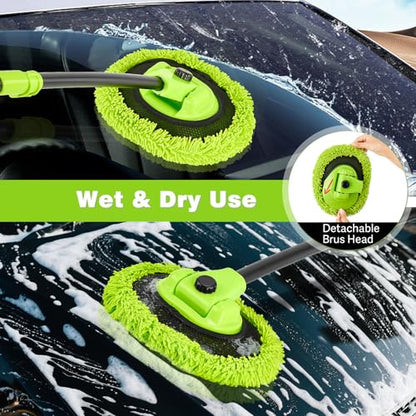 7-in-1 Car Wash Brush Kit with 15° Curved Long Handle for Cars | Car Cleaning Kit with 2 Replaceable Car Washing Mop, Wash Sponge, Mitt, Towel, Tire Brush for RV SUV Truck, Green