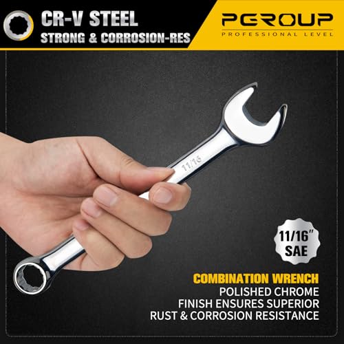 11/16" SAE Combination Wrench, CR-V Steel with Mirror Polish, 12-Point Design, 15-Degree Offset, Perfect for Auto Repair, Household, Car & Truck Emergency - size: 11/16"