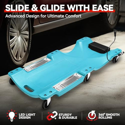 Auto Dynasty 40 Inches Mechanic Creeper, Automotive Garage Repair Low Profile Under Car Rolling Creeper with LED Light and Padded Headrest, Plastic, Sky Blue - color: Sky Blue, size: 40" L (w/LED Light)