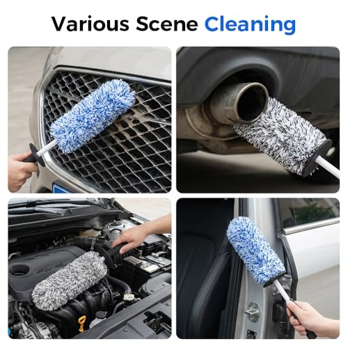 Wheel Barrel Cleaning Brush,2026 New Long Handle Microfiber Wheel Brush Car Duster,Lightweight Rim Detailing Tool for Narrow Spokes & Brake Calipers (Blue Set/2 Set) - color: Blue Set/2 Set