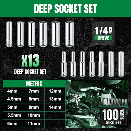 SK 1/4" Drive Socket Set, Deep Metric Sockets, 13-Piece 4-14 mm | SuperKrome Finish, Premium CR-V Steel, with Aluminum Socket Organizer - size: 0.16 - 0.55 inch, style: Deep