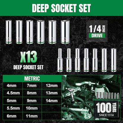 SK 1/4" Drive Socket Set, Deep Metric Sockets, 13-Piece 4-14 mm | SuperKrome Finish, Premium CR-V Steel, with Aluminum Socket Organizer - size: 0.16 - 0.55 inch, style: Deep