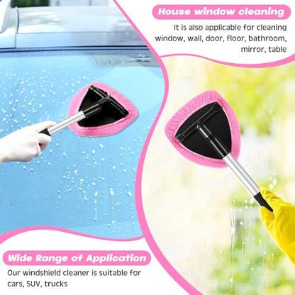Baderke 10 Pcs Windshield Cleaner Tool Car Window Cleaning Supplies with Extendable Handle Include 6 Washable Microfiber Bonnets 2 Empty 60ml Spray Bottle Glass Wiper Kit(Pink) - color: Pink