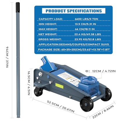 LARBANKE 3 Ton (6,600 lbs) Heavy Duty Steel Floor Jack, Hydraulic Service Jack with Unique Reflective Tape, Rapid Lifting Range 5.31" to 18.11" for Sedans, Coupes, Compact SUVs and Pickups