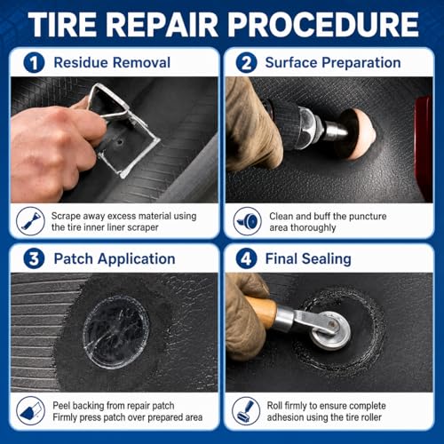 Air Tire Repair Polish Patch Kit Heavy Duty - Includes 2500RPM Air Tire Buffer, Tire Inner Liner Scraper, 4 Tungsten Steel Buffing Wheel, Patch Roller, & Wire Brush - Professional Tire Patch Tools