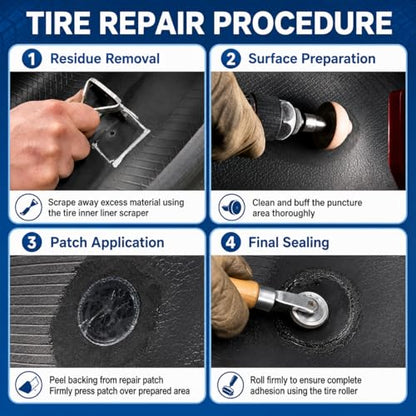 Air Tire Repair Polish Patch Kit Heavy Duty - Includes 2500RPM Air Tire Buffer, Tire Inner Liner Scraper, 4 Tungsten Steel Buffing Wheel, Patch Roller, & Wire Brush - Professional Tire Patch Tools