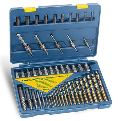 MABLEVI 55-Piece Screw Extractor Set, Broken bolt extractors & Multi-spline Extractors, and Drill Bits for Removing Stripped Screws, Studs, Fittings, Lugs Extraction - size: 55-piece