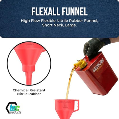 TEC Products FlexAll Short Neck Funnel - Flexible Funnel w/Hose, Durable Nitrile Rubber Automotive Funnels - Oil Change Tool for Transmission Fluid, Diesel, Gas - USA Made - Small (8.3 x 4.3 Inches)