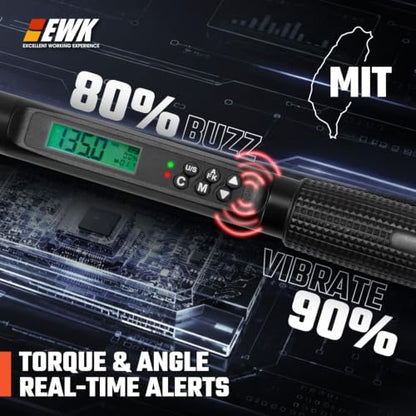 EWK 3/8" Drive Digital Angle Torque Wrench 5-100 ft-lbs (6.8-135 Nm) | ISO 6789, ±1.5% clockwise / ±2.5% counterclockwise/ ±2% Angle, LCD Display, LED Buzzer Vibration Alert, 30 Memory Values