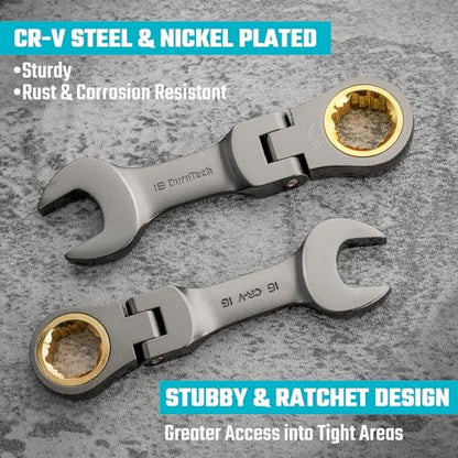 DURATECH 12-Piece Anti-Slip Flex-Head Ratcheting Wrench Set, Stubby Combination Wrench Set, Metric, 8-19mm, 72-Teeth, CR-V Steel, Nickel Plated with Pouch
