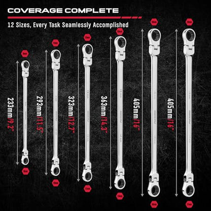 Extra Long Flex-Head Ratcheting Wrench Set, Anti-Slip 6-Piece Double Box End Wrench Set, 72-Teeth, Metric 8-19mm, CR-V Steel Wrench with Rolling Pouch - style: 6-Pc Extra-Long (Flex-Head)