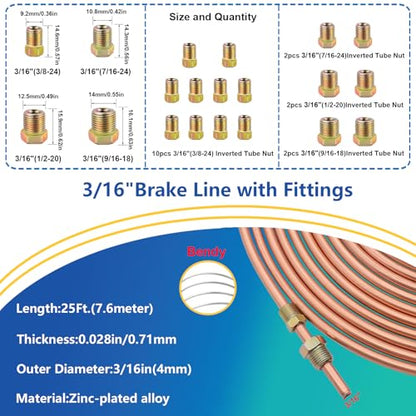 smseace 55Pack 3/16 Inch+1/4 Inch Brake line kit Include 25 FT Copper-Plated Brake Lines with Fitting(32pcs Fittings,4pcs Union+8pcs Nut) Brake line Bender,Single Flare Tool,Cutter Brake line kit - color: Gold-A, size: 3/16inch+1/4inch