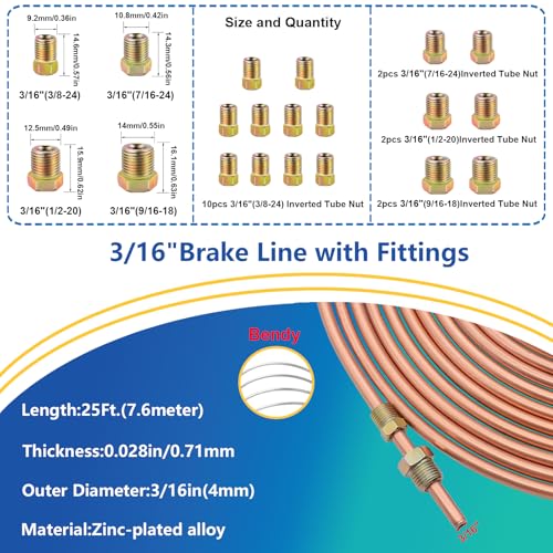 smseace 55Pack 3/16 Inch+3/16 Inch Brake line kit Include 25 FT Copper-Plated Brake Lines with Fitting(32pcs Fittings,4pcs Union+8pcs Nut) Brake line Bender,Single Flare Tool,Cutter Brake line kit - color: Gold-A, size: 3/16inch+3/16inch