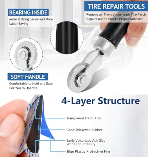 92 Pcs Tire Repair Patch Tools Kit,Tire Patches Kit 32mm 42mm 58mm | Round Natural Rubber Tire Patch Automotive Tire Repair Kits with Tire Patch Roller Liner Scraper for Truck Bike Motorcycle
