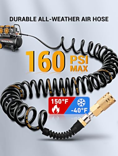 EVOULTES 1/4 In x 28 Ft Polyurethane Recoil Air Hose, Upgraded Air Compressor Hose with Repairable Bend Restrictor, Air Hose kit w/ 360° Swivel 1/4" NPT Coupler & Brass Quick Connect Air Fittings - color: Black