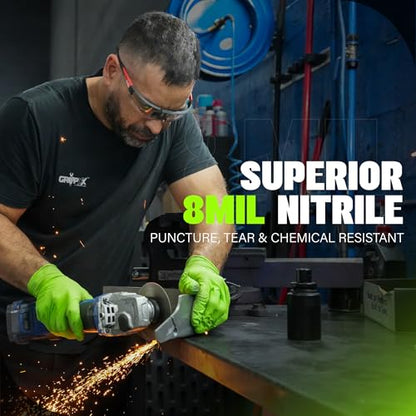 GRIPXX Herkules Grip Heavy Duty 8Mil Green Nitrile Gloves,3D Raised Diamond Texture-Latex & Powder Free-Industrial, Mechanic | Pack of (200 CT) - size: Large, style: Green - 200 Count