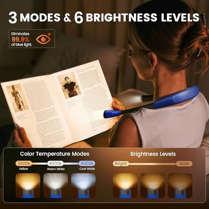 Glocusent Book Light, 3-Color & 6-Brightness Reading Light, Bendable Neck Light, 80-hr Lasting Rechargeable Book Light, Perfect Reading Lights for Books in Bed, Knitting, Repairing, Book Lovers Gifts | 3-Color&6-Brightness, USB-C,LED Neck Reading Light,Wo