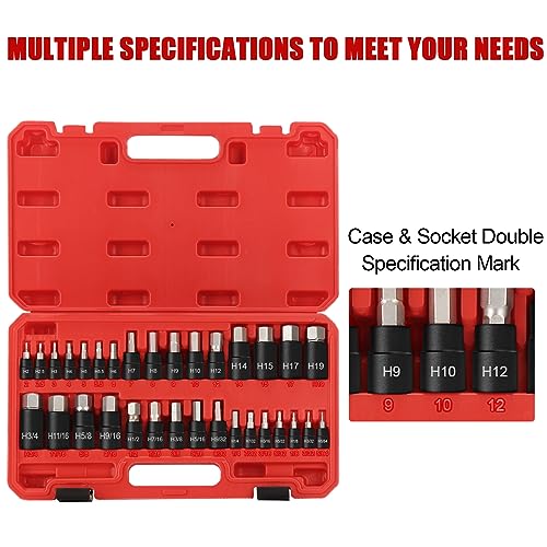 Hex Impact Bit Socket Set, 32-Piece Allen Socket Set SAE and Metric 1/4" 3/8" 1/2" Drives, S2 Alloy Steel and CR-V Bit Sockets