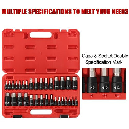 Hex Impact Bit Socket Set, 32-Piece Allen Socket Set SAE and Metric 1/4" 3/8" 1/2" Drives, S2 Alloy Steel and CR-V Bit Sockets