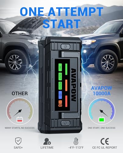 AVAPOW TJ68 10000A Battery Jump Starter Portable with 4" HD Display PD 65W Dual-Way Fast Charging,12V Jump Box, Car Battery Jump Starter for All Gas & Up to All Diesel Engines - size: 10000A