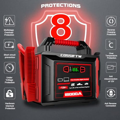 Heavy Duty Trucks 18000A 12V Car Jump Starter Portable Power Bank with PD 60W Two-Way Fast-Charging, Battery Booster Pack for Truck, Diesel, RV, SUV, and All Gas Engines