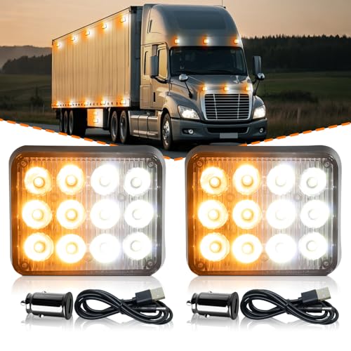 2PCS Rechargeable Flashing Lights, Magnetic Strobe Hazard Lights | Wireless Portable Battery Powered 12-LED Road Flares Marker Emergency Warning Strobe Lights for Trucks,Vehicle(Amber White) - color: Amber&White
