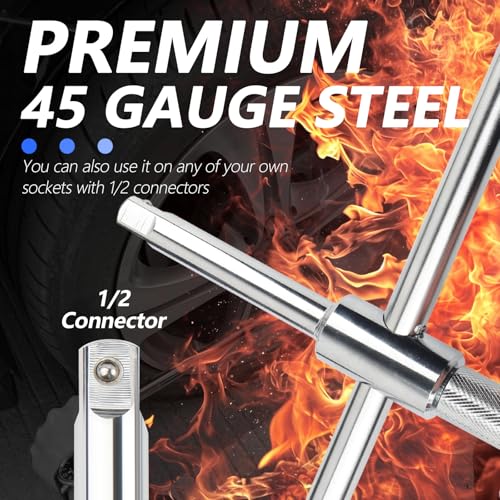 Extended Lug Nut Removal Tool Kit with 4 Way Lug Wrench,23" Telescopic Tire Iron Lug Wrench with 2 Standard Sockets(17,19,21,23mm) and Case,Portable Lug Nut Wrench for Most Vehicles