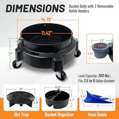 ROBLOCK 5 Gallon Bucket Dolly Roller with Dirt and Grit Traps Insert, Car Hose Guide, Bucket Tool Organizer, 3 Removable Bottle Holders, 5-in-1 Car Wash Kit for Cleaning Detailing Carrying