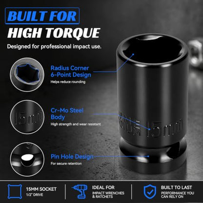 2PCS 15mm Impact Socket 1/2" Drive, 6 Point Metric Shallow Socket, CR-V Steel Heavy Duty Impact Wrench Socket for Automotive Repair - size: 15mm