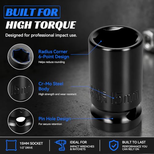 2PCS 15mm Impact Socket 1/2" Drive, 6 Point Metric Shallow Socket, CR-V Steel Heavy Duty Impact Wrench Socket for Automotive Repair - size: 15mm