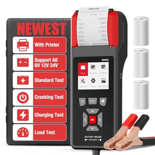 OBDResource Professional Car Battery Tester with Printer 6V 12V 24V 100-2000CCA Digital Battery Voltage Tester for Automotive Standard, Cranking, Charging & Load Test, BM800 Battery Load Tester - color: red with printer