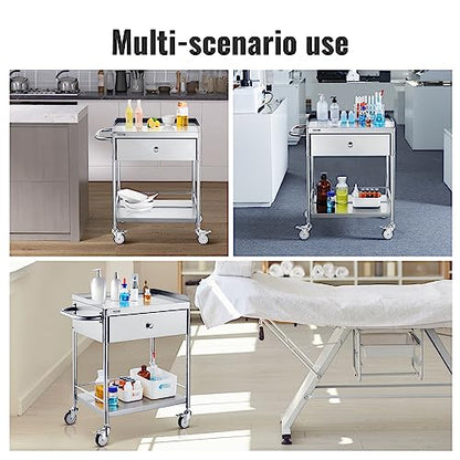 VEVOR Medical Cart, 2-Layer Stainless Steel Cart 220 lbs Weight Capacity, Lab Utility Cart with 360° Silent Wheels and a Drawer for Lab, Clinic, Kitchen, Salon - size: 2-tier with 1 drawer